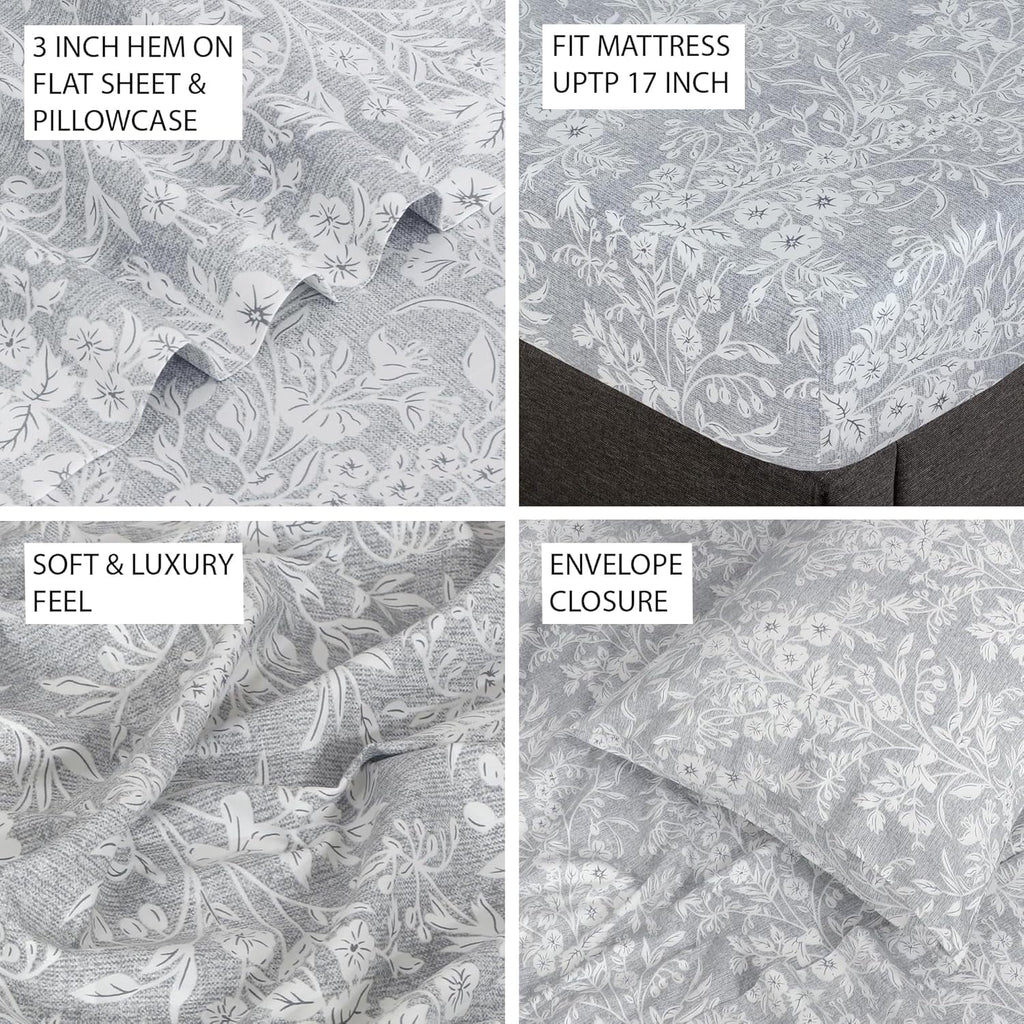 Cooling Queen Sheet Set 4-Piece 100% Cotton Sateen 300TC Grey Floral 16" Deep Pocket F77829
