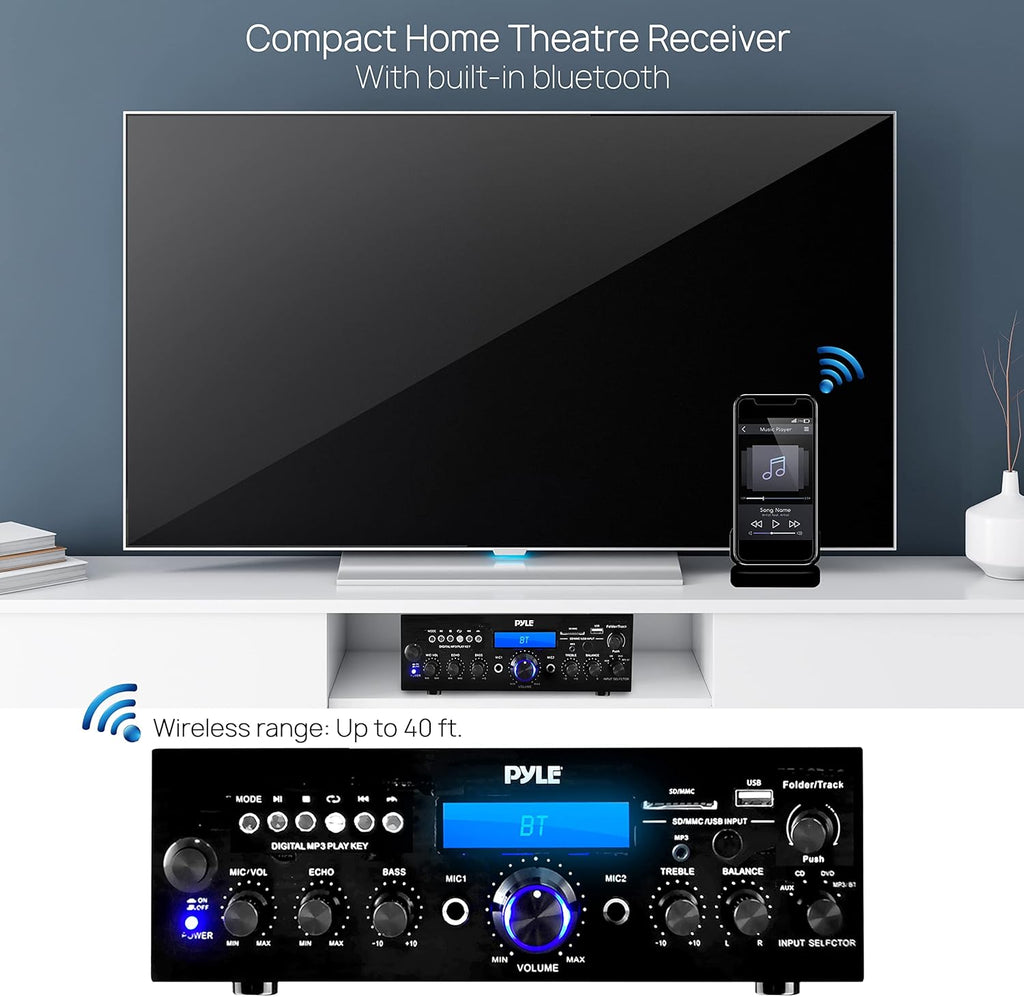 Pyle Compact Bluetooth Stereo Amplifier 200 Watt Desktop Audio Power Amp Receiver with FM Radio, MP3/USB/SD Readers, Digital LCD Display, Microphone Input J791