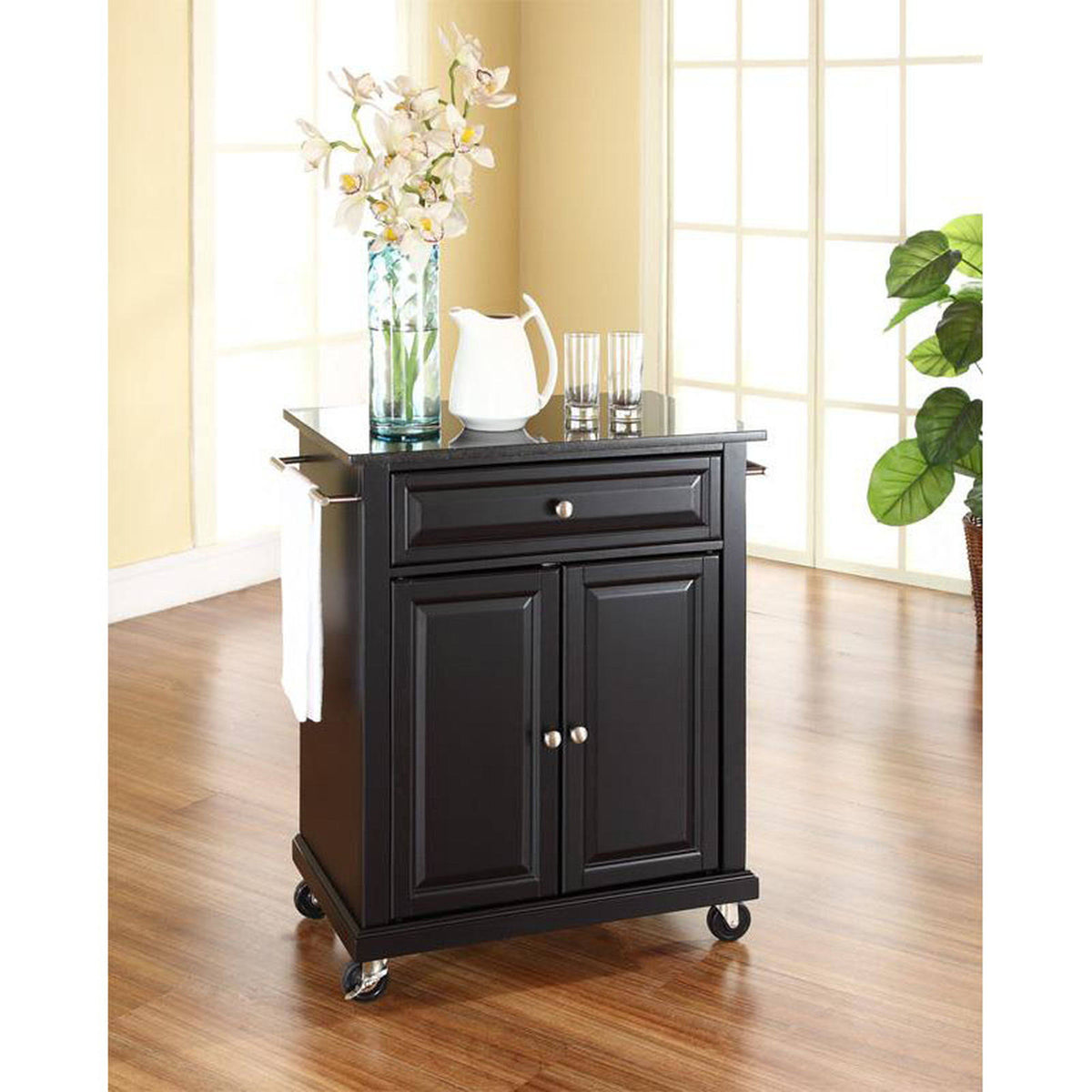 Solid Black Granite Top Portable Kitchen Cart G787269
