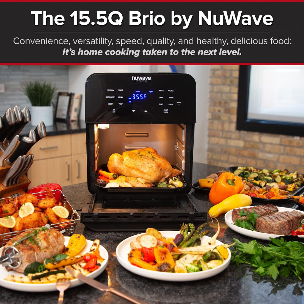 Brio Air Fryer Smart Oven, 15.5-Qt X-Large Family Size, Countertop Convection Rotisserie Grill Combo, 4 Rack Positions, 50°-425°F Temperature Controls in 5° Increments, Linear Thermal Technology and Integrated Temperature Probe Q990