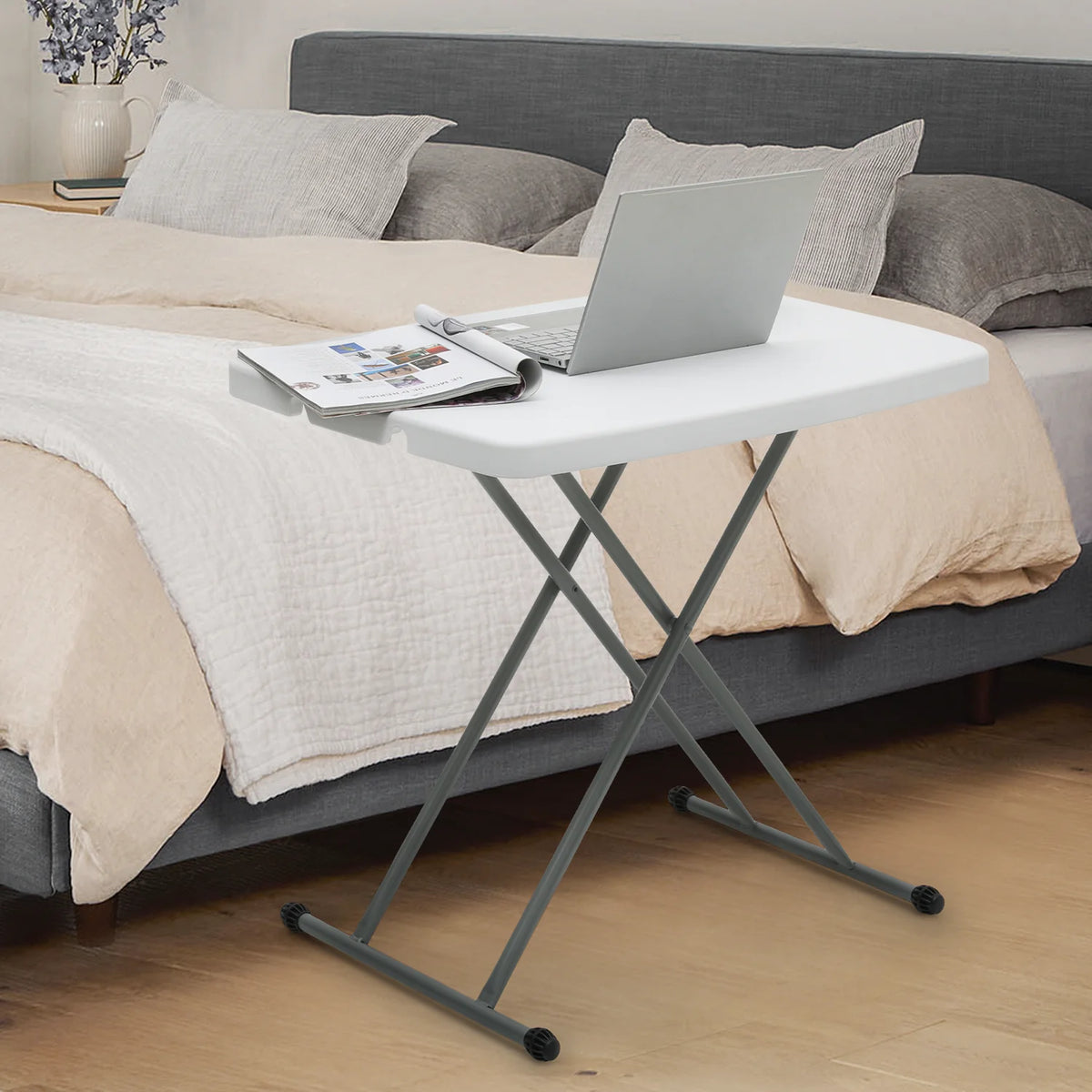 White Foldable TV Tray Table with Metal Frame F21458