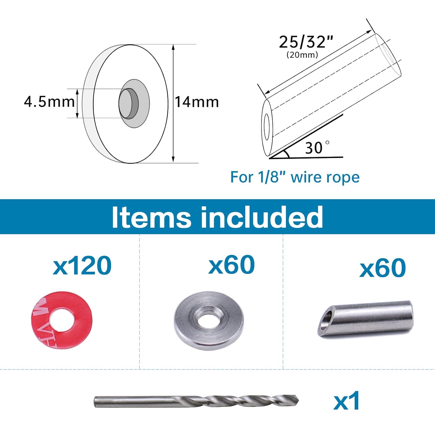 60Pack 1/8 Angle Protector Sleeve Cable Railing Kit 30 Degree T316 Stainless Steel Z236