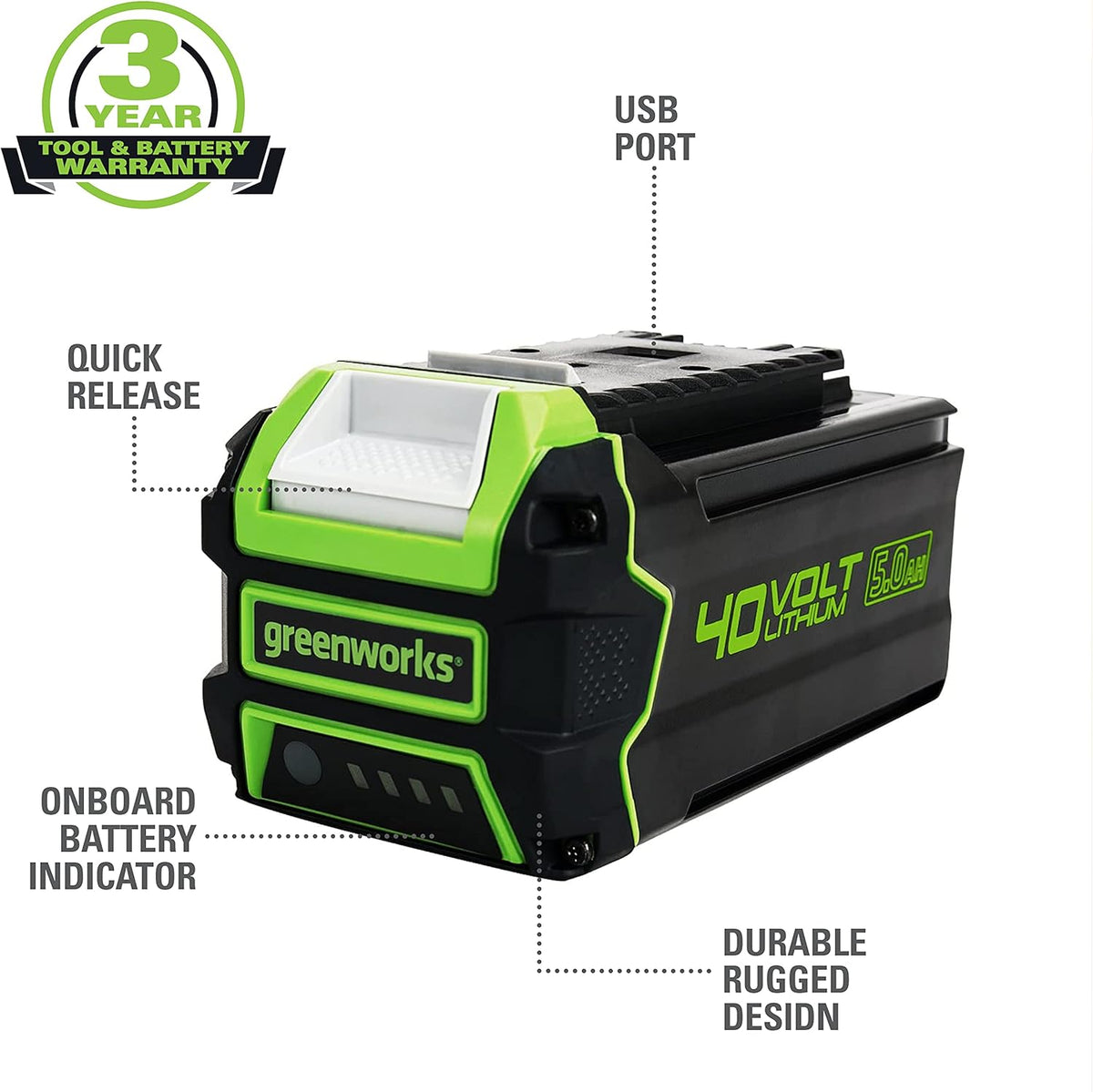 40V 5.0Ah USB Lithium-Ion Battery H192272