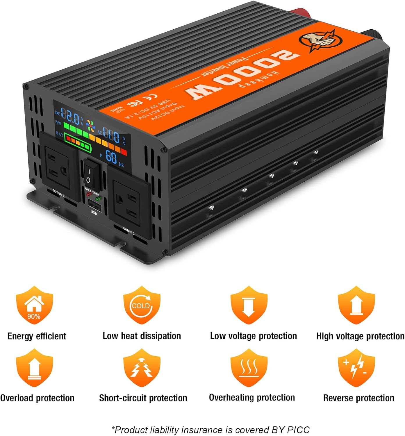 2000 Watts 12V to 110V Modified Sine Wave Power Inverter with Dual AC Outlets and USB Port B526991