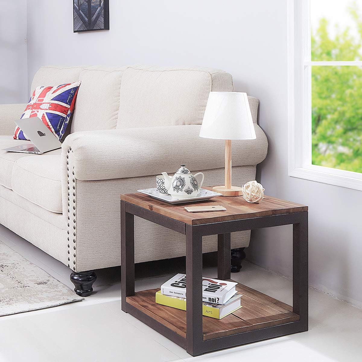 Vintage Industrial Side End Table with Storage Shelf, Reclaimed Wood, Rustic Brown Metal Frame K69637