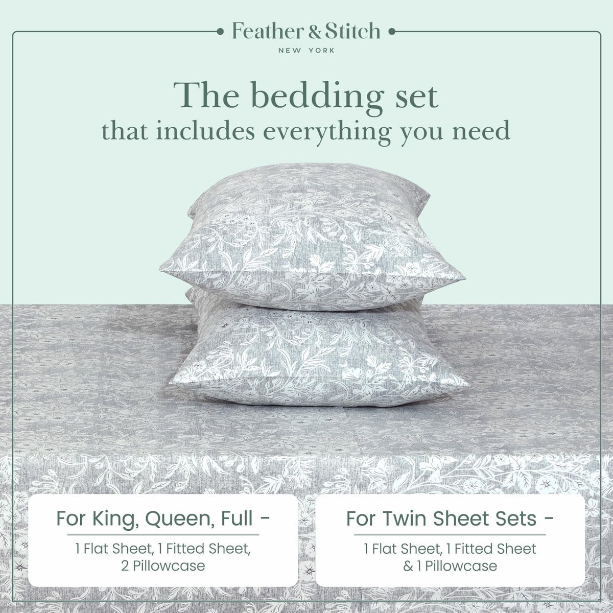 Cooling Queen Sheet Set 4-Piece 100% Cotton Sateen 300TC Grey Floral 16" Deep Pocket F77829