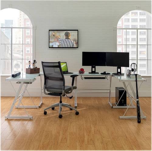 White L-Shaped Tempered Glass Computer Desk O1550