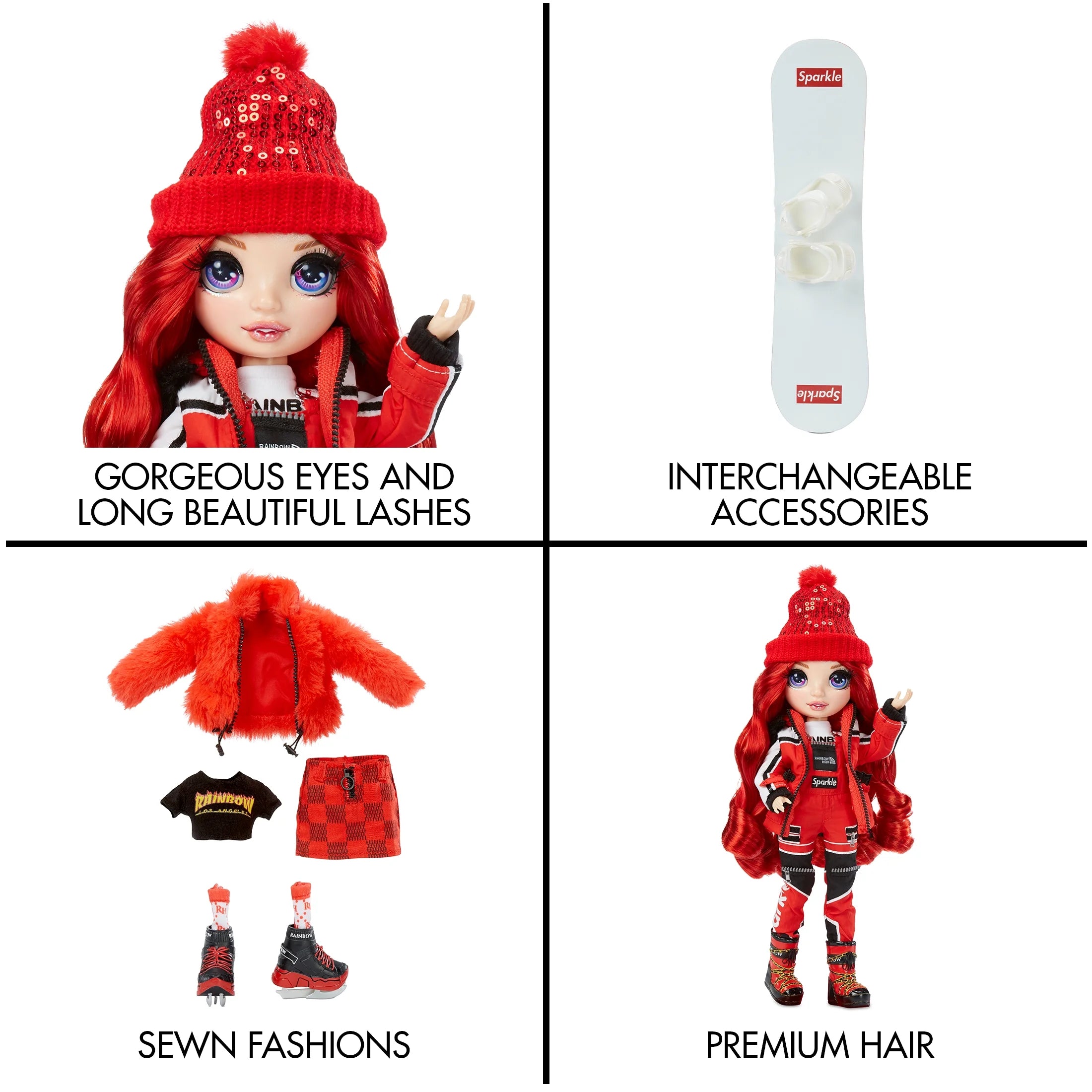 Red Fashion Doll Playset With 2 Outfits, Snowboard And Winter Accessories Y134812
