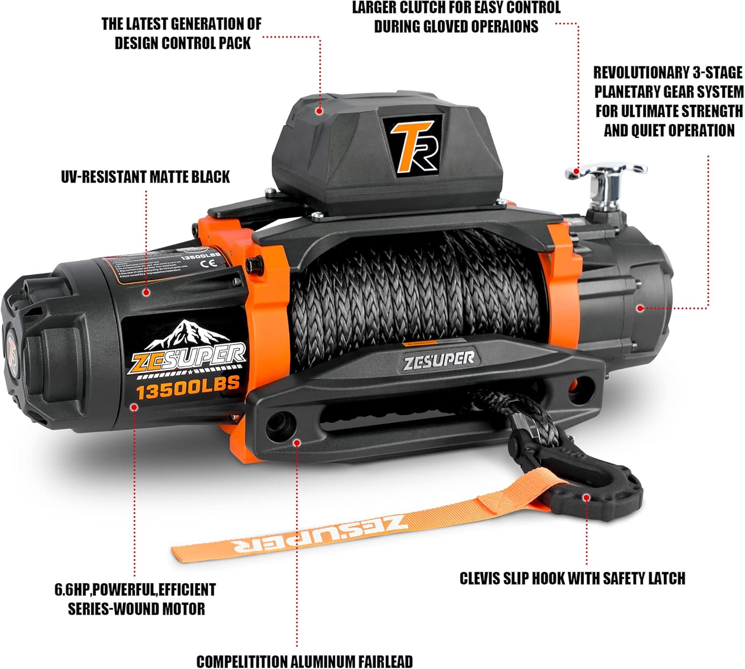 12V 13500 lb Load Capacity Electric Winch with Synthetic Rope and Wireless Remote R98916