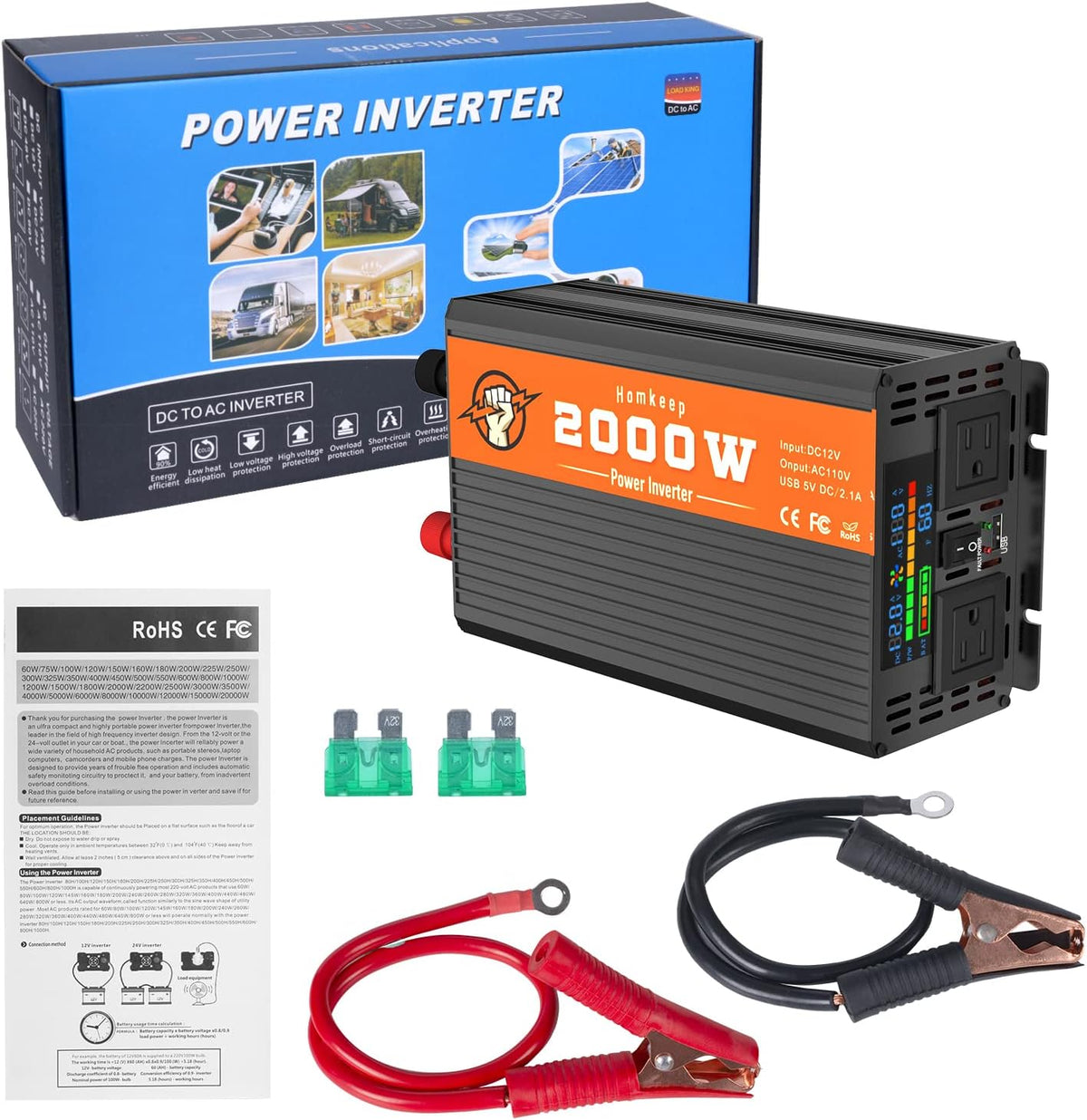 2000 Watts 12V to 110V Modified Sine Wave Power Inverter with Dual AC Outlets and USB Port B526991