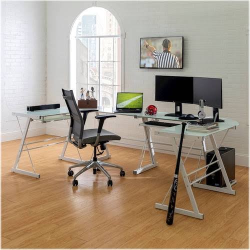 White L-Shaped Tempered Glass Computer Desk O1550