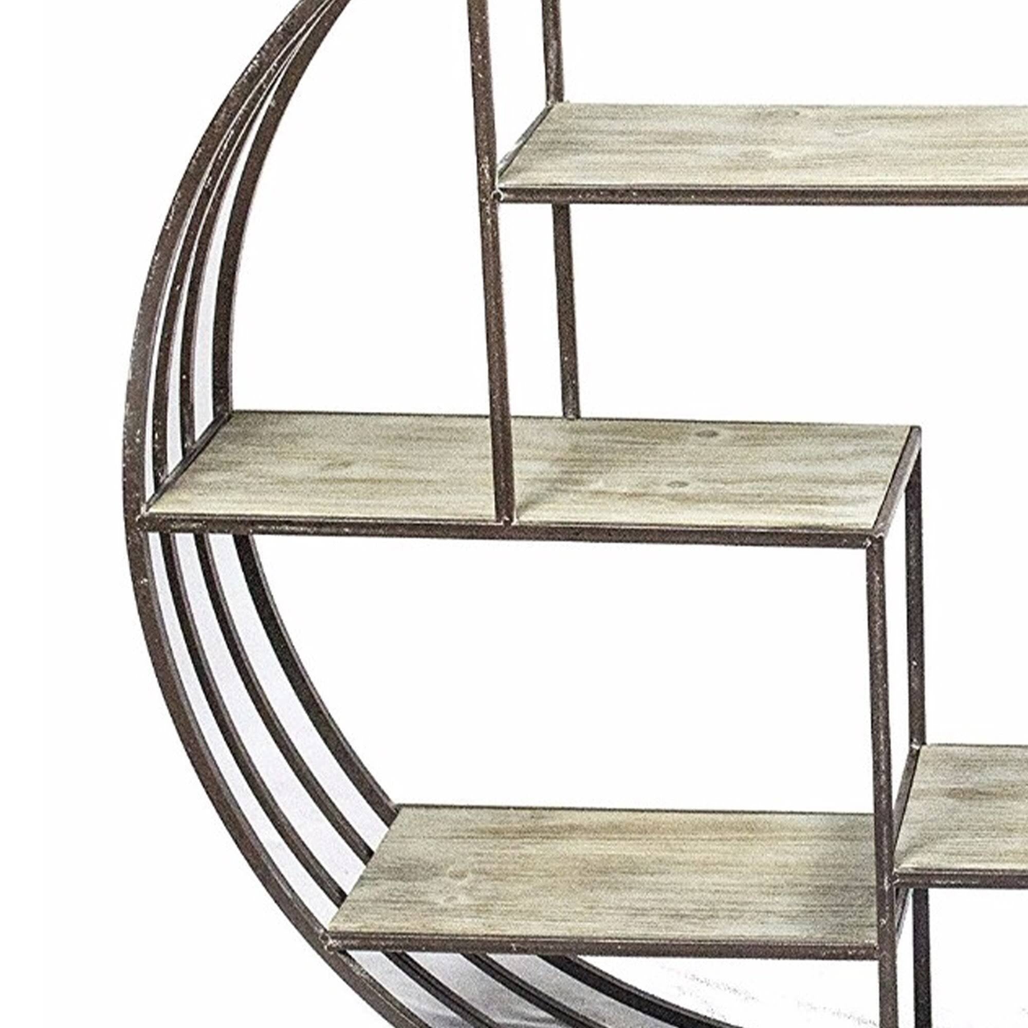 Brown Round Metal Wall Shelf with Wooden Shelves W46115