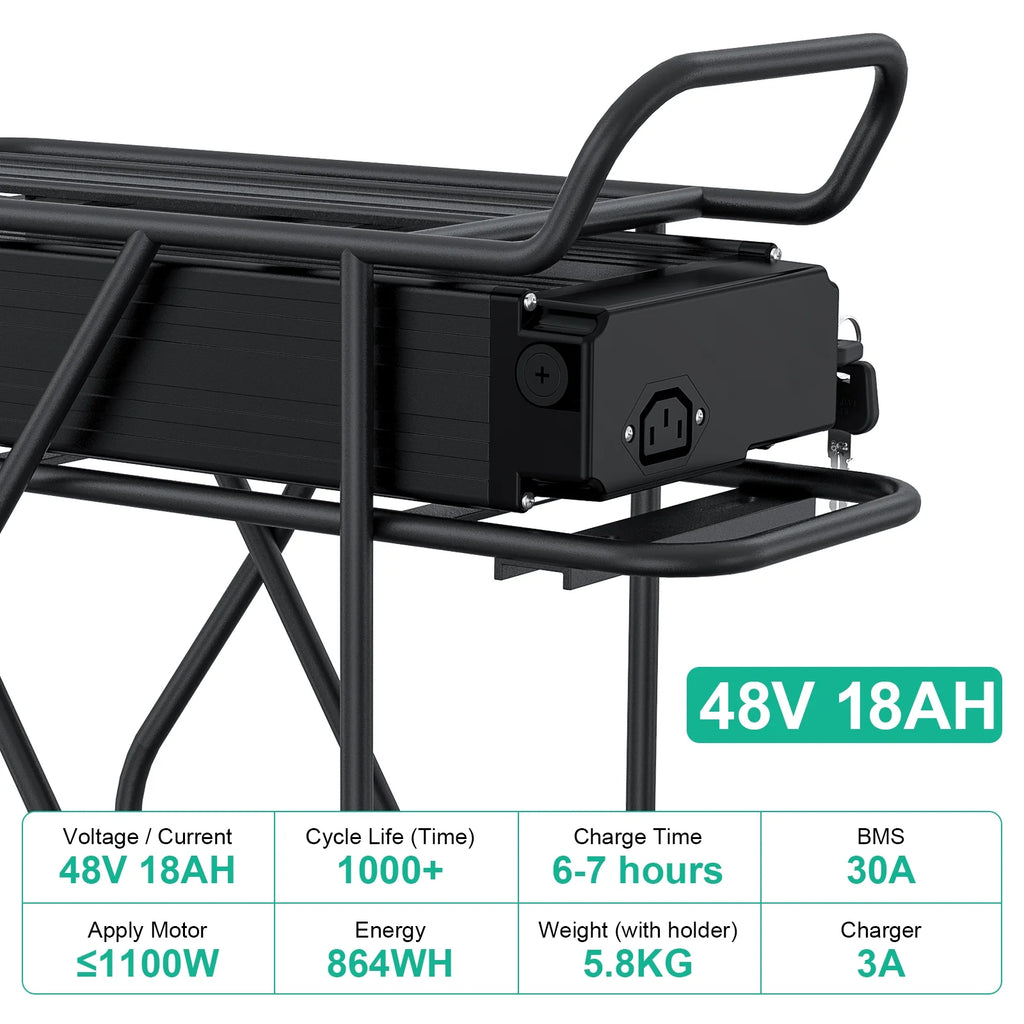 48V 18AH Rear Rack Ebike Battery for 250W-1000W Motors N772