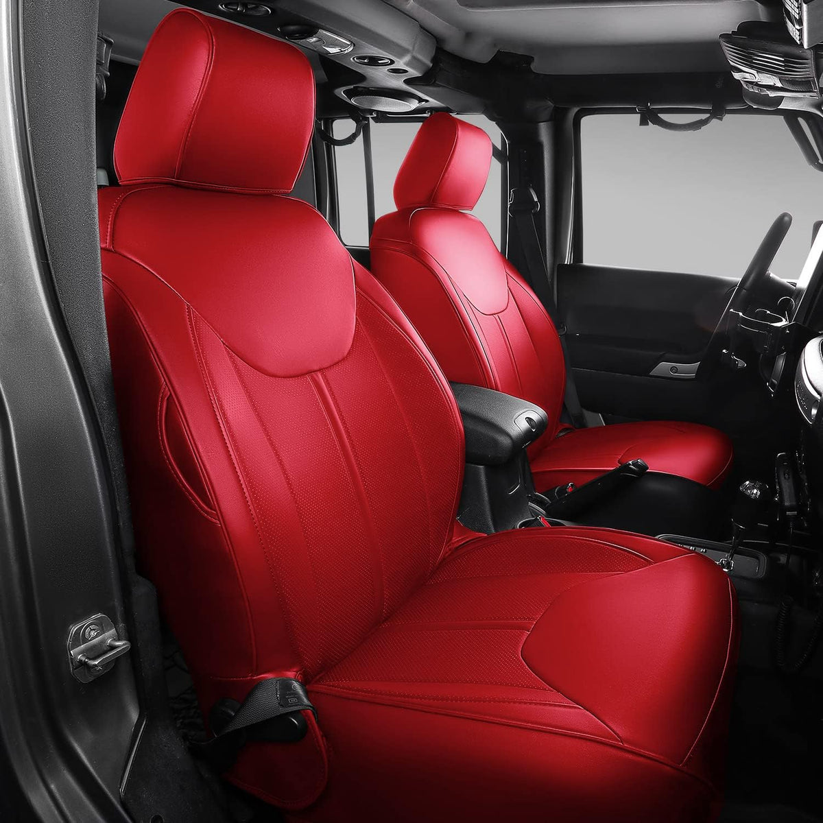 Black+Red PU Leather Seat Covers for Jeep Wrangler JK 4 Door, Pack of 2 G5540