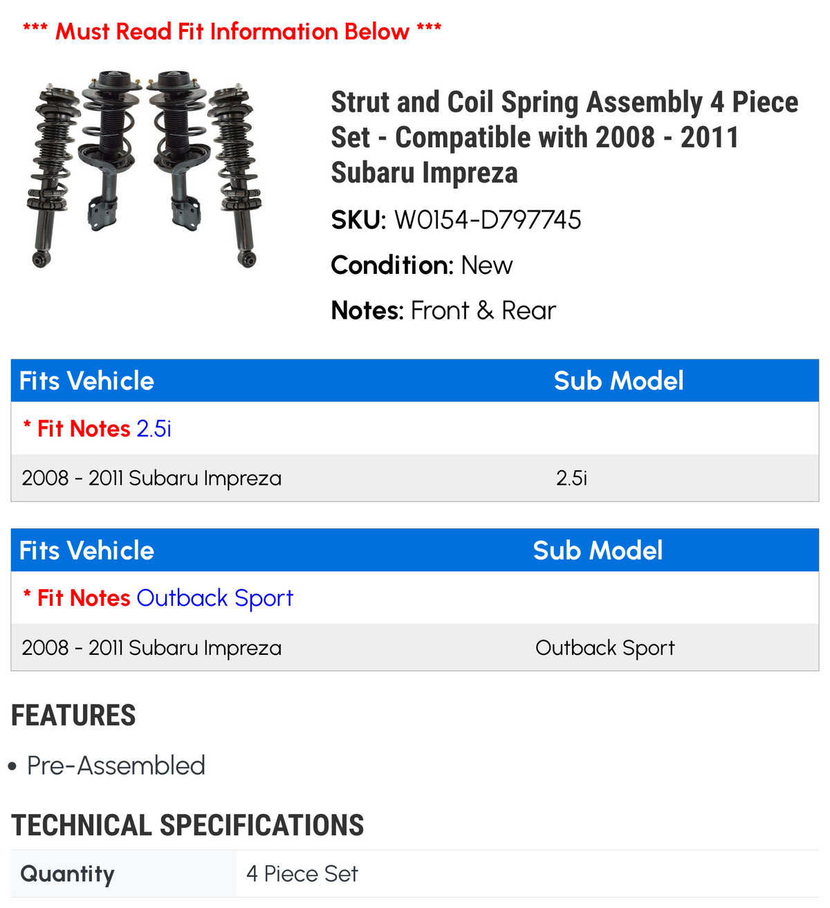 Strut and Coil Spring Assembly 4 Piece Set W383949