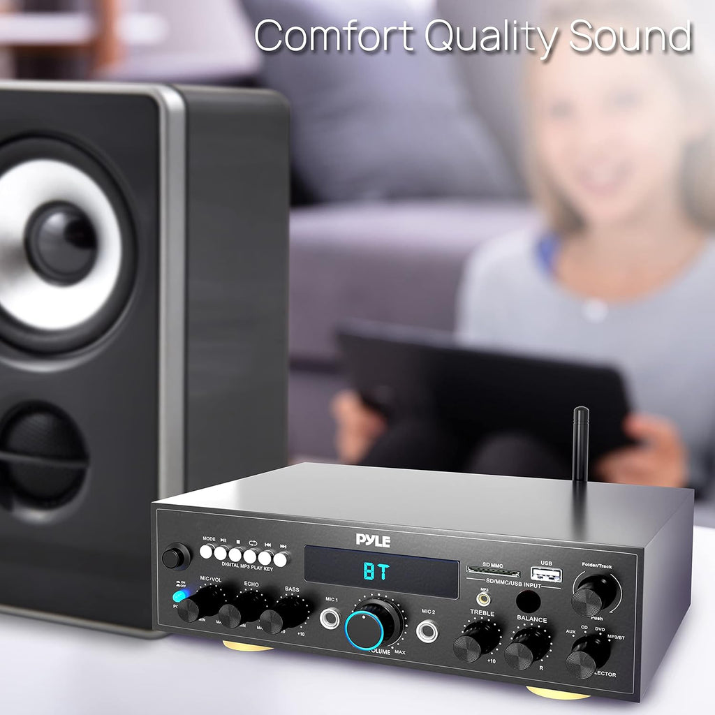 Pyle Compact Bluetooth Stereo Amplifier 200 Watt Desktop Audio Power Amp Receiver with FM Radio, MP3/USB/SD Readers, Digital LCD Display, Microphone Input J791