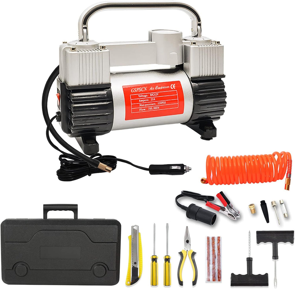 Portable Dual Cylinder 12V DC Air Compressor with 11.5ft Air Hose and Tire Repair Kit, Pack of 2 Q71722