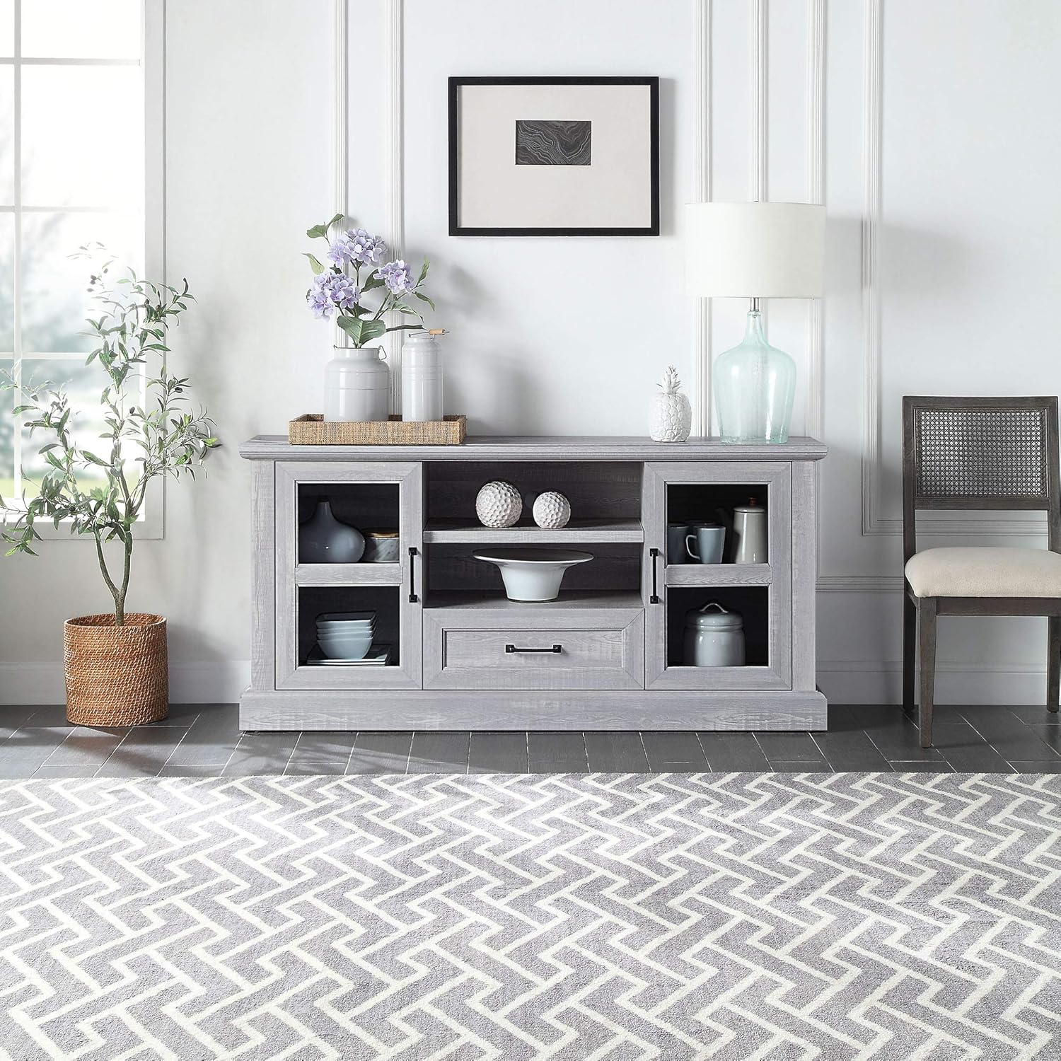 Rustic Modern TV Stand for TVs Up to 70 Inch, Storage Entertainment Center Console with Window Pane Glass Cabinet Doors and Adjustable Shelves O769