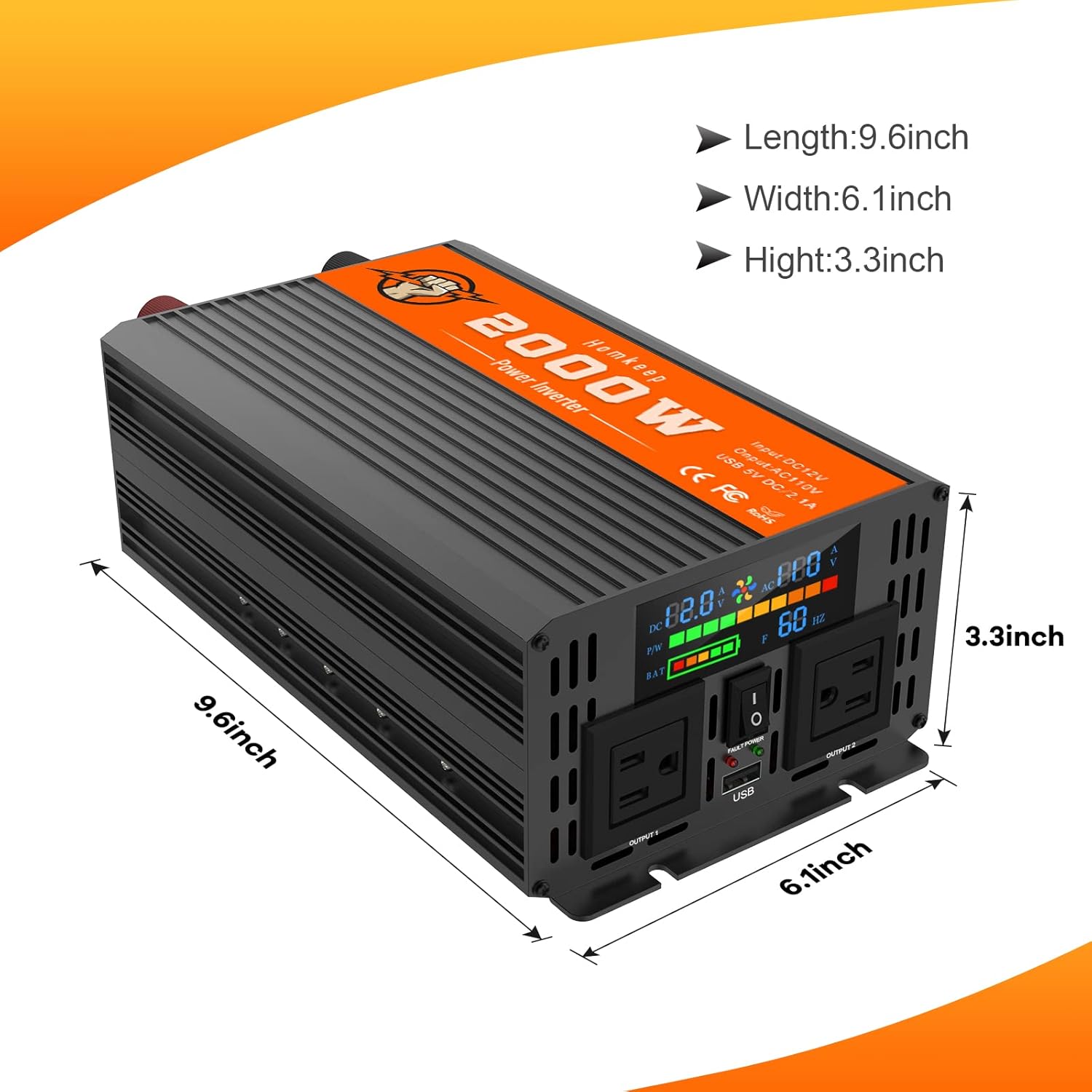 2000 Watts 12V to 110V Modified Sine Wave Power Inverter with Dual AC Outlets and USB Port B526991