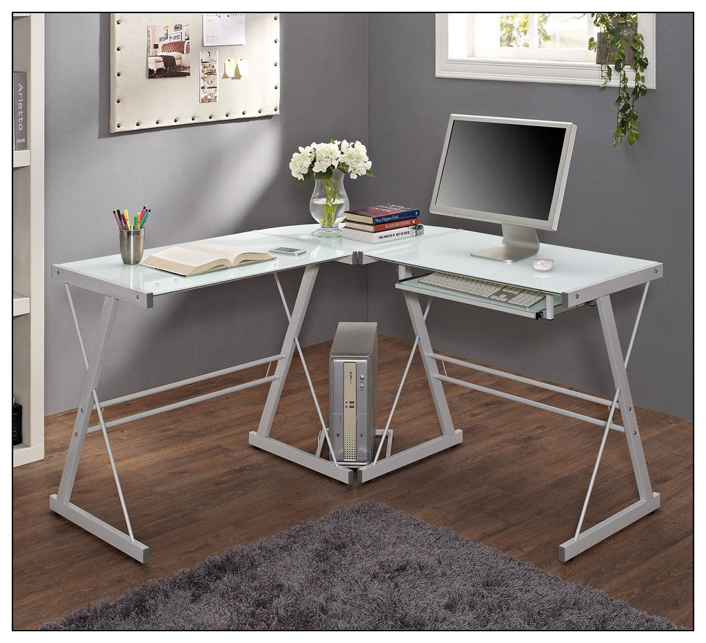 White L-Shaped Tempered Glass Computer Desk O1550