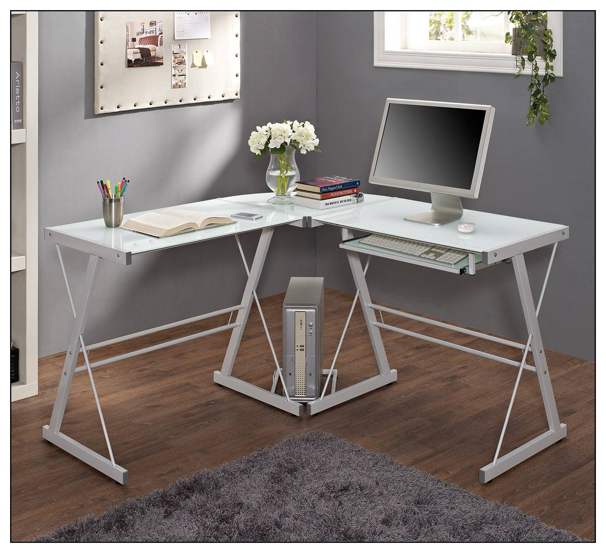 White L-Shaped Tempered Glass Computer Desk O1550