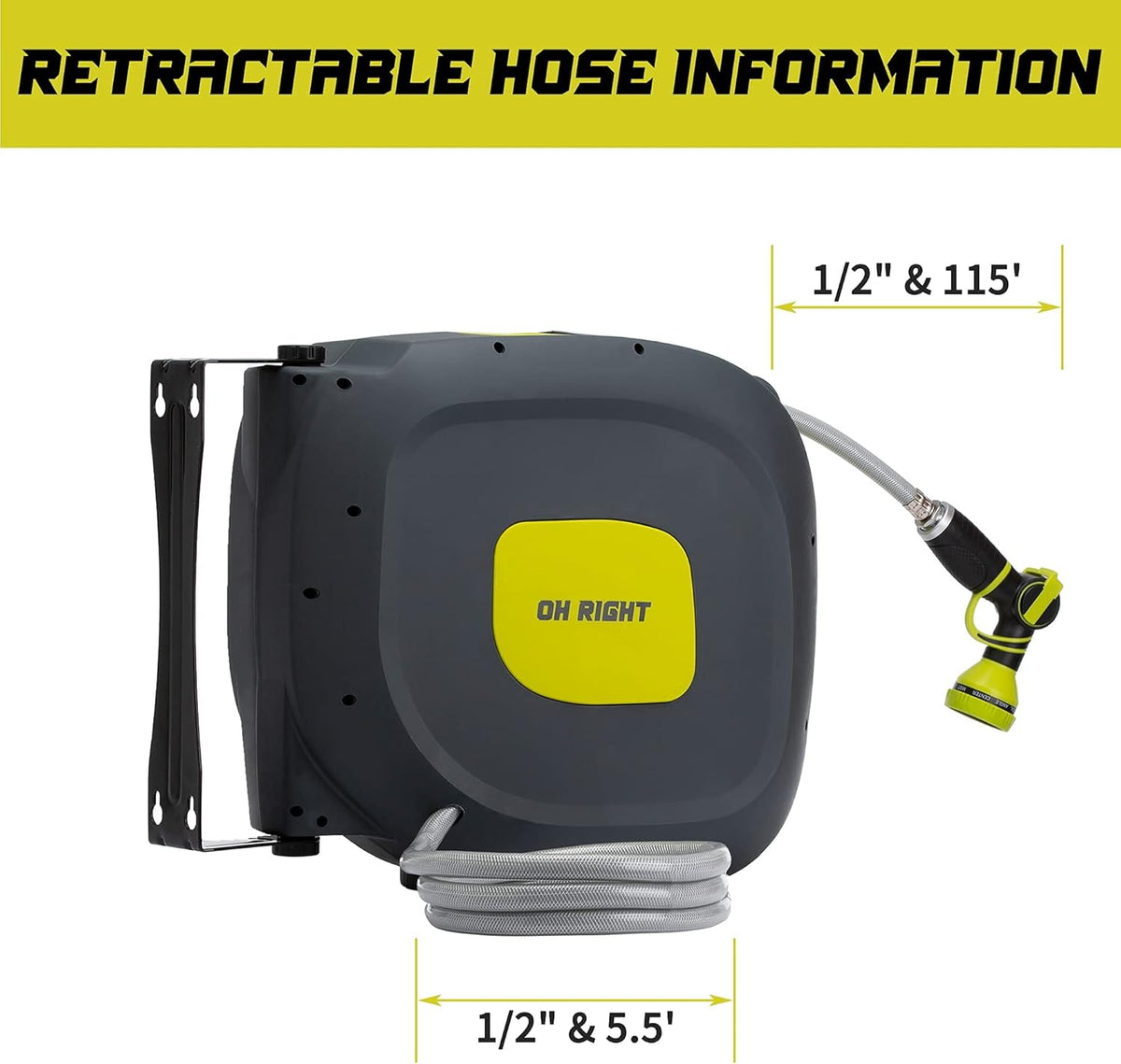 Retractable Garden Hose Reel 1/2" 115'+5' with 180° Swivel Metal Bracket, Wall Mounted Water Hose Reel with 9 Pattern Nozzle I672