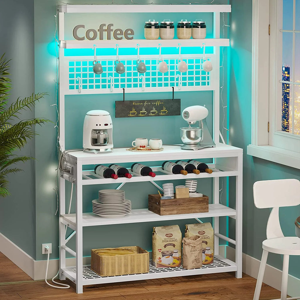 White 6-Tier Bakers Rack with Power Outlet and LED Lights I974