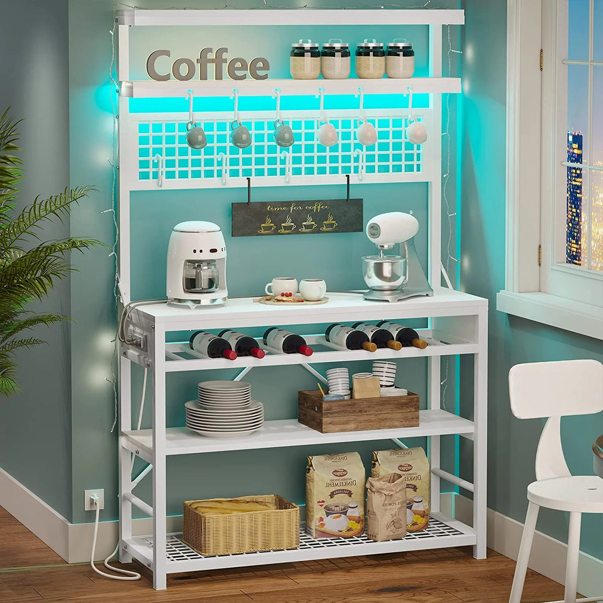 White 6-Tier Bakers Rack with Power Outlet and LED Lights I974