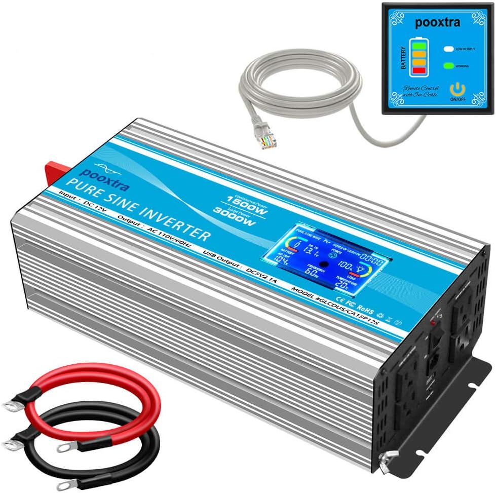 1500 Watt Pure Sine Wave Power Inverter 12V DC to 110V/120V AC with LCD Display USB Port 4AC Outlets I803