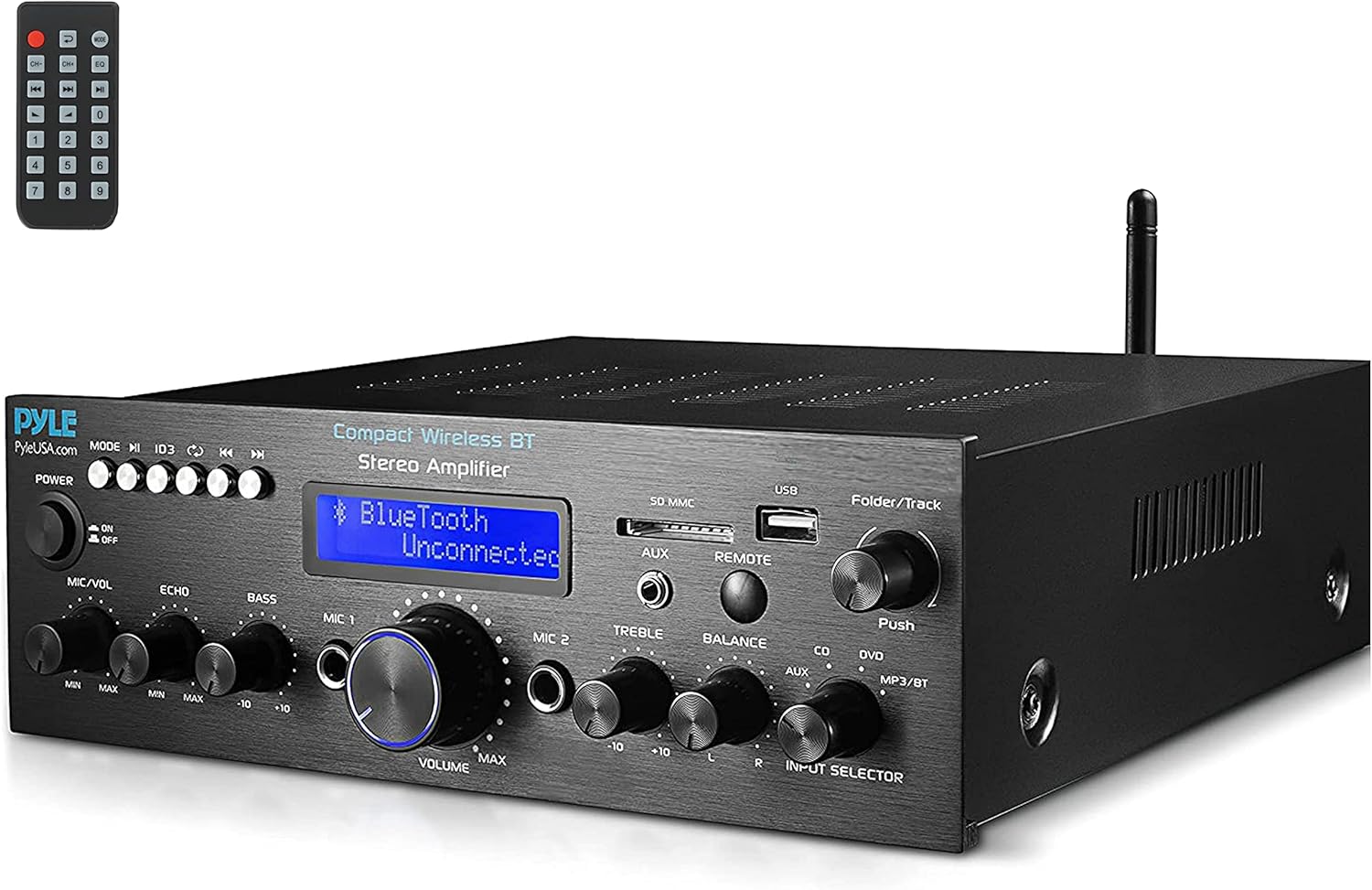Pyle Compact Bluetooth Stereo Amplifier 200 Watt Desktop Audio Power Amp Receiver with FM Radio, MP3/USB/SD Readers, Digital LCD Display, Microphone Input J791