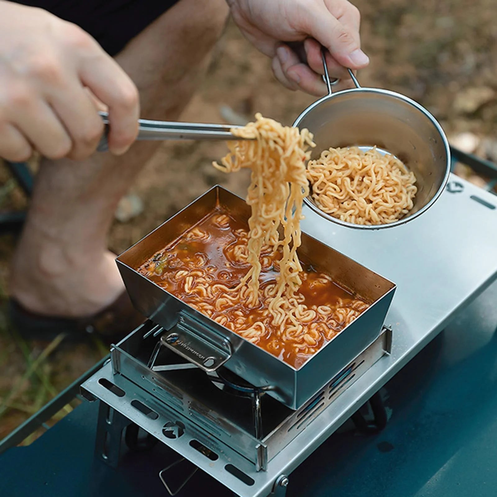 Stainless Steel Frying Pan Camping Pot with Lid Foldable Handle Cookware V8349