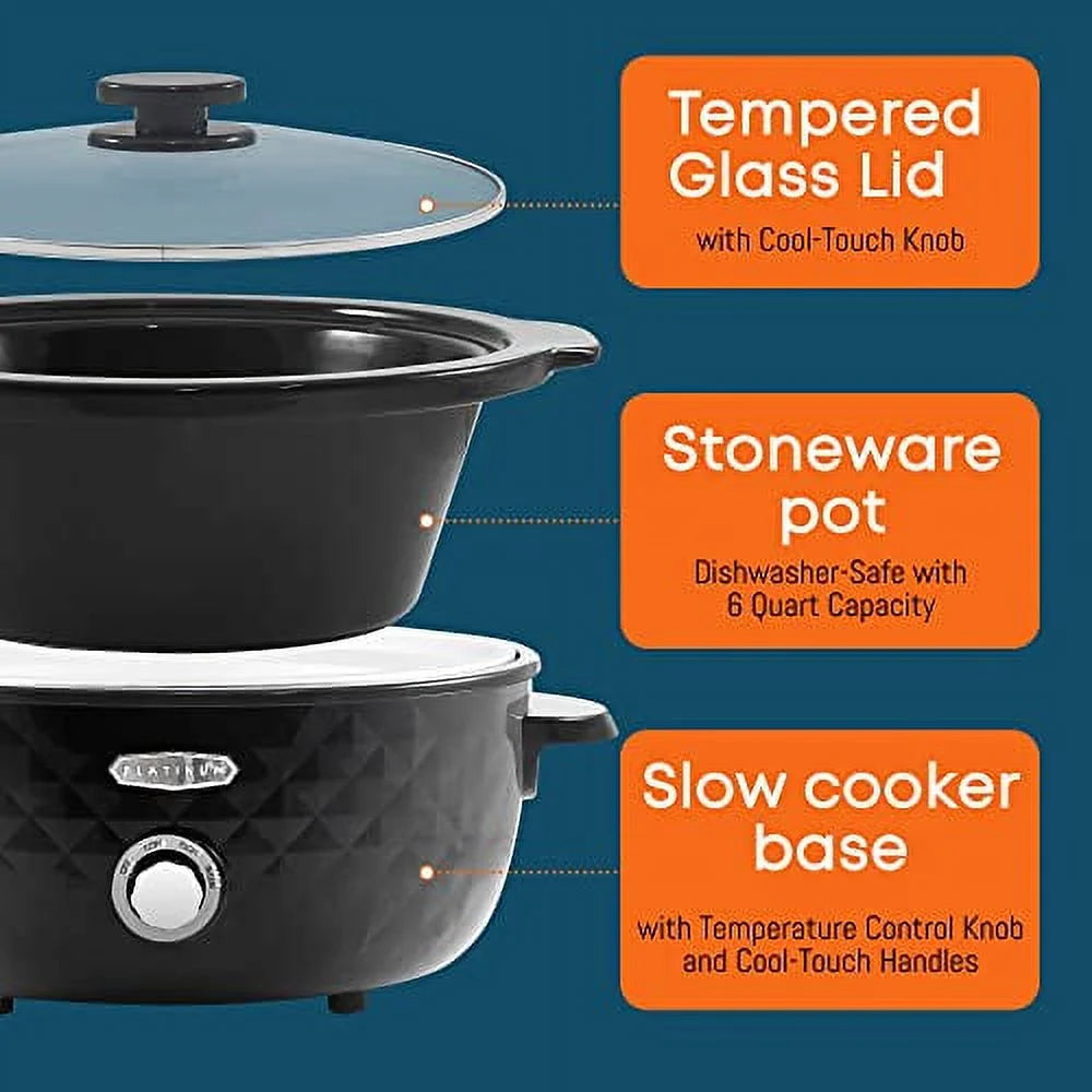 6 Quart Charcoal Black Slow Cooker with Stoneware Pot T2035