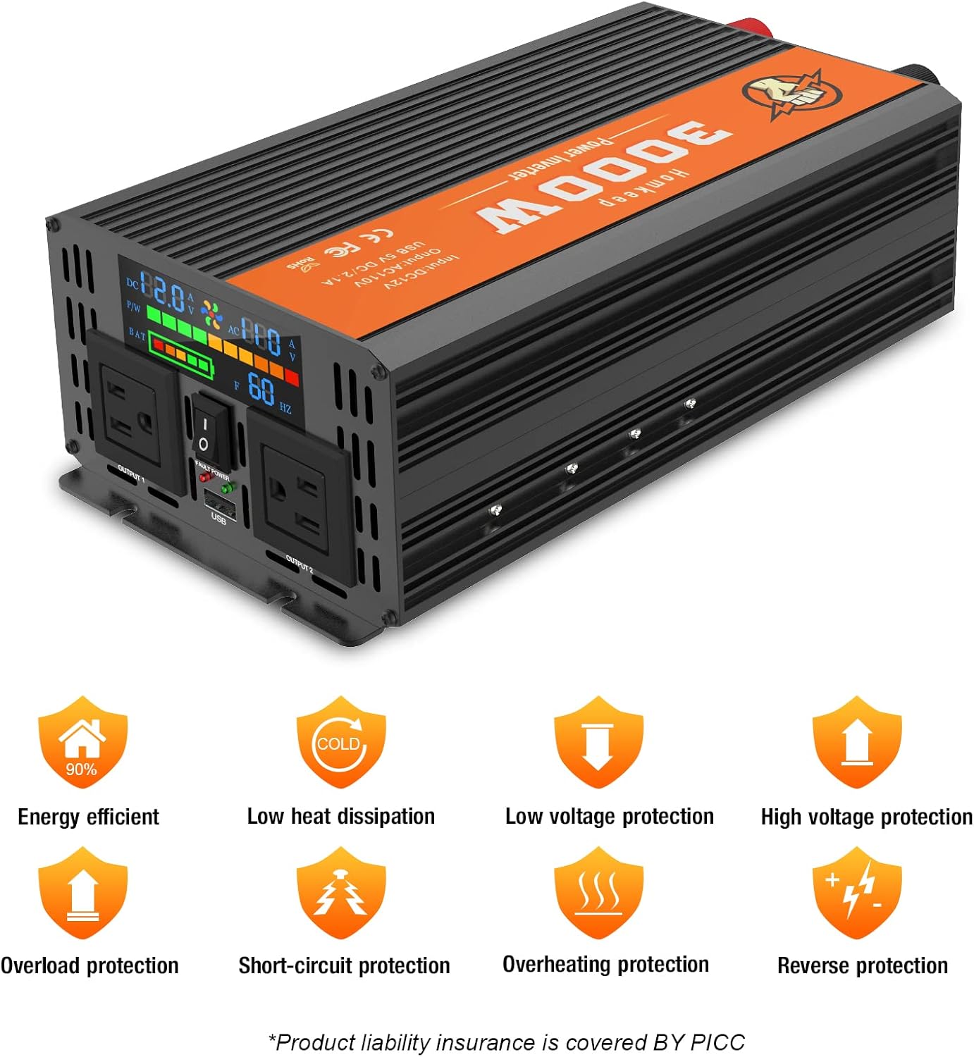 2000 Watts 12V to 110V Modified Sine Wave Power Inverter with Dual AC Outlets and USB Port B526991