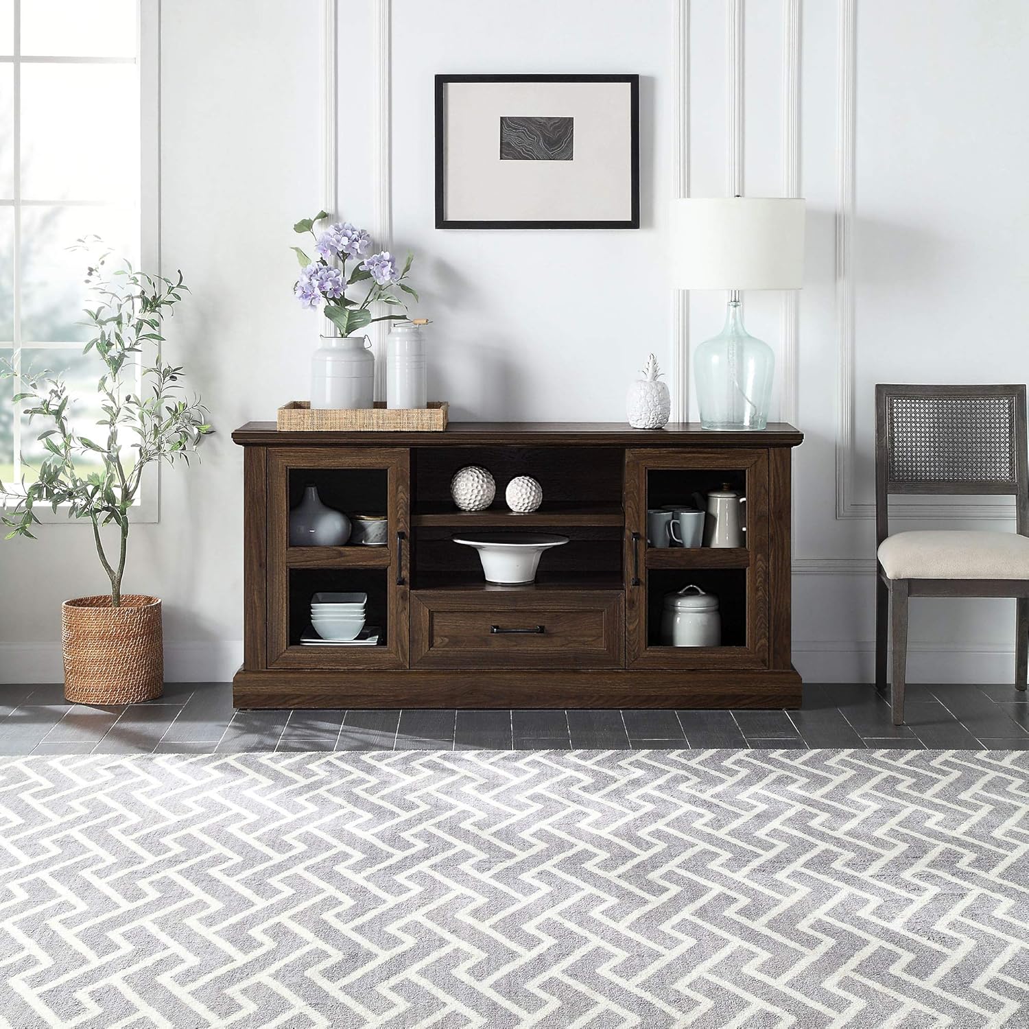 Rustic Modern TV Stand for TVs Up to 70 Inch, Storage Entertainment Center Console with Window Pane Glass Cabinet Doors and Adjustable Shelves O769