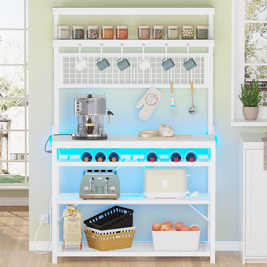 White 6-Tier Bakers Rack with Power Outlet and LED Lights I974