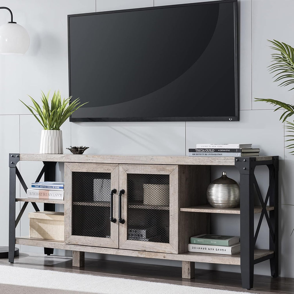 Large Brown Wood TV Stand with Metal Side X-Frame J34504