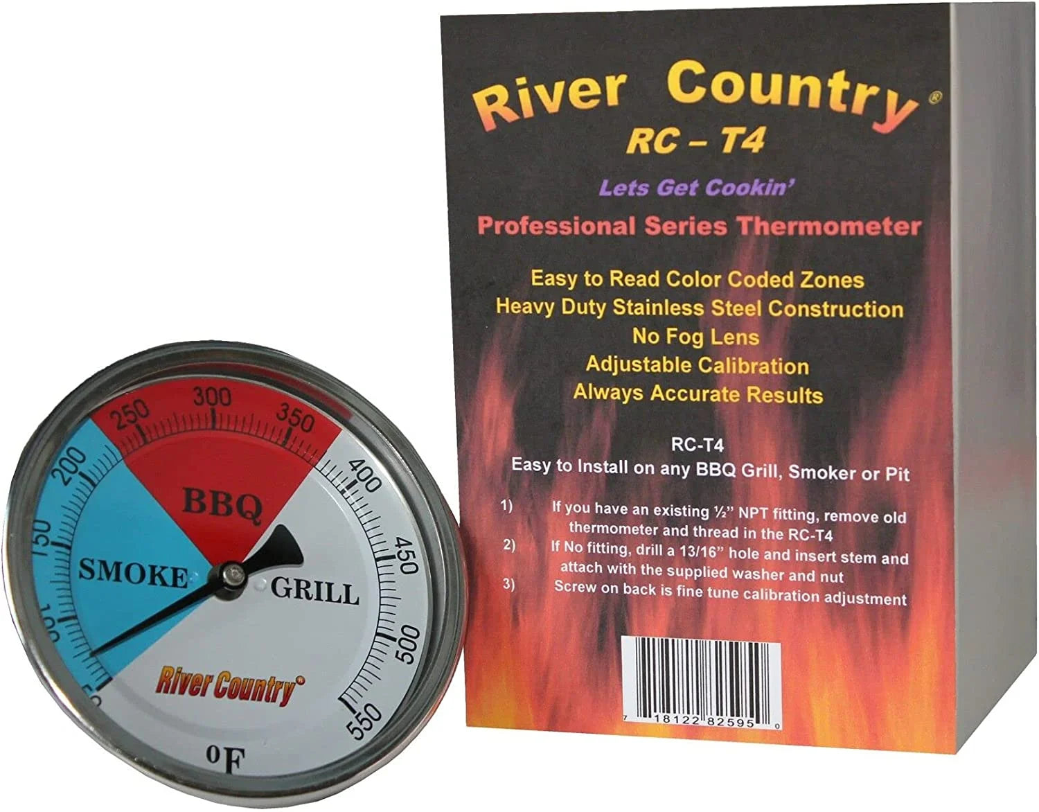 4" Dial BBQ Grill Smoker Thermometer (50 to 550 F) E3948