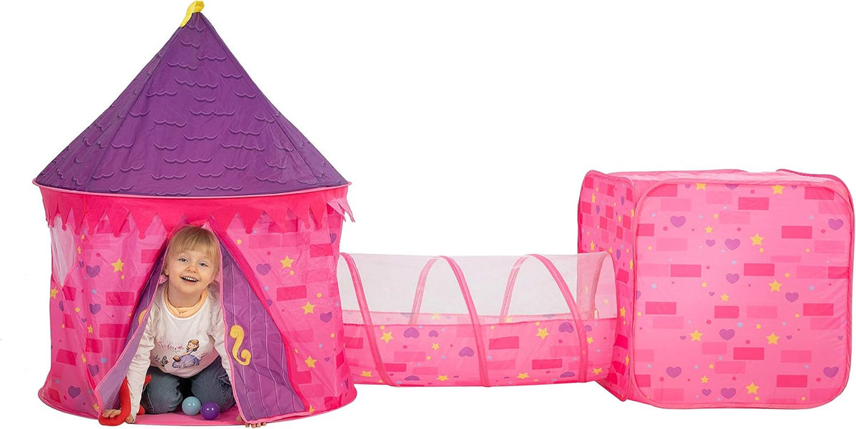 Pink Castle Play Tent with Pop Up Tunnel and Playhouse Kids Indoor Outdoor Play Tent Set Y95254