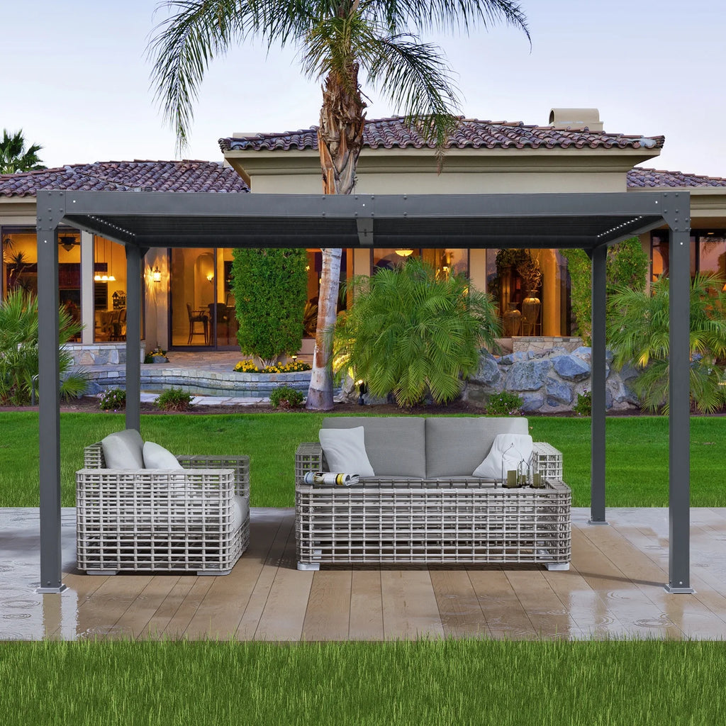 13 x 10 ft. Outdoor Aluminum Louvered Pergola Waterproof Gazebo with 2 Adjustable Rainproof Panels - Dark Gray I367