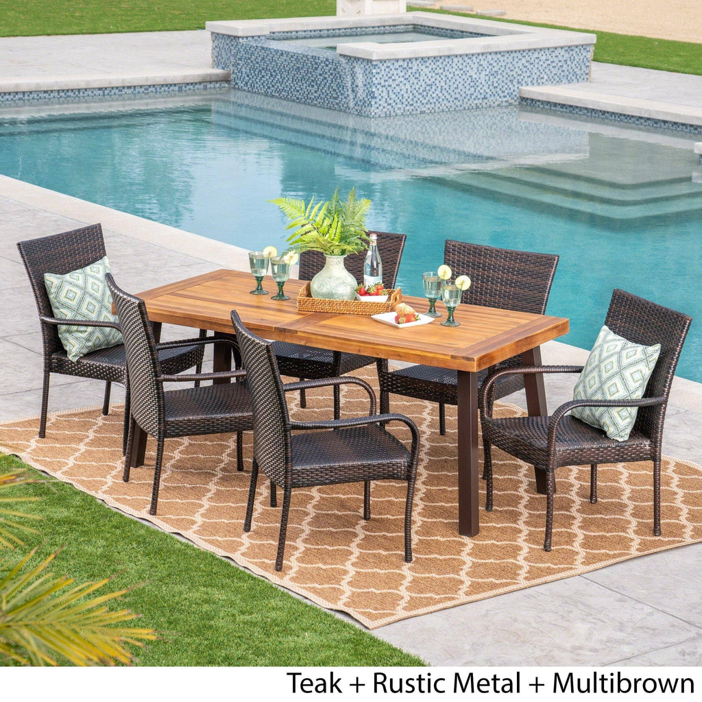 7 Piece Acacia Wood Wicker Dining Set I85563