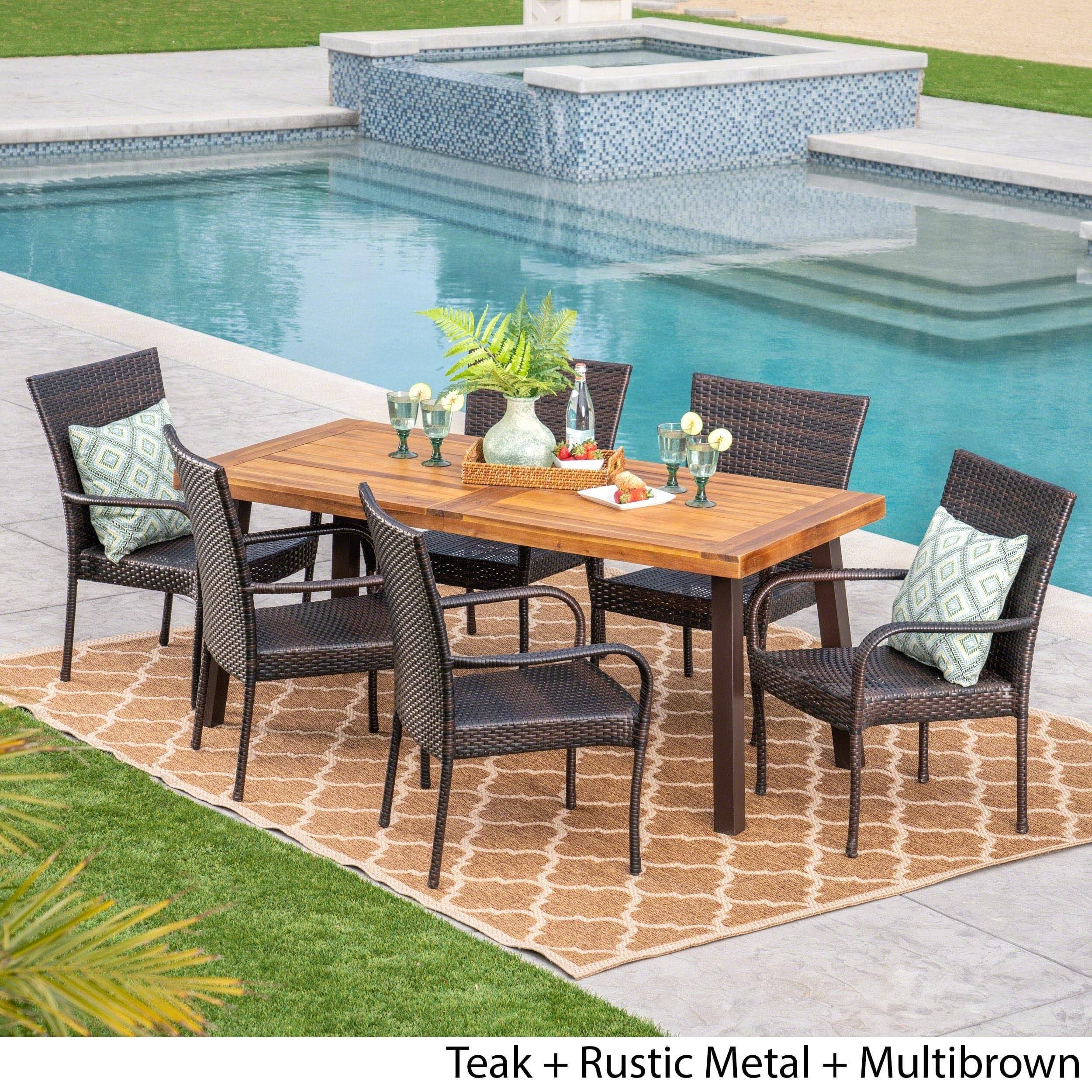 7 Piece Acacia Wood Wicker Dining Set I85563