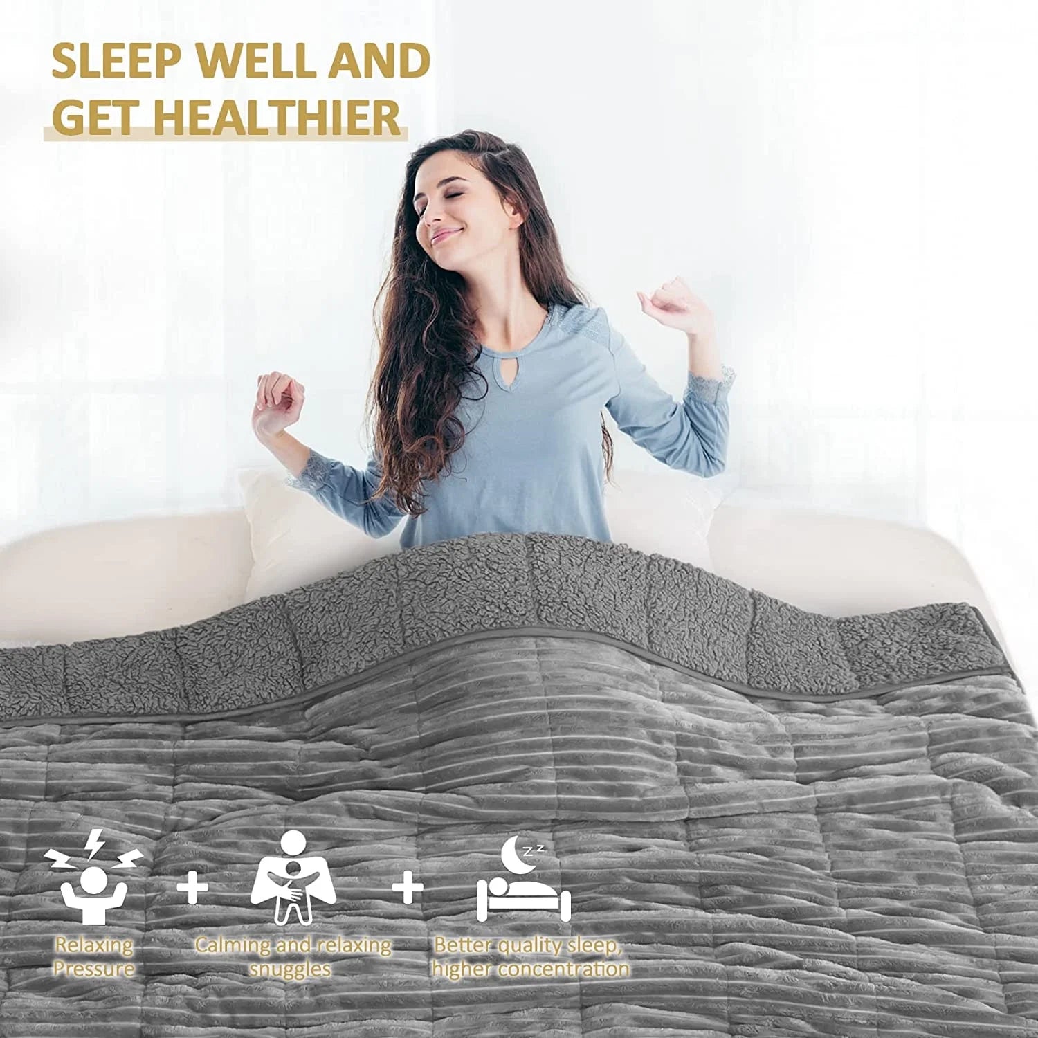 Gray Sherpa Fleece Weighted Blanket Queen Size 15lbs 60"x80" H449