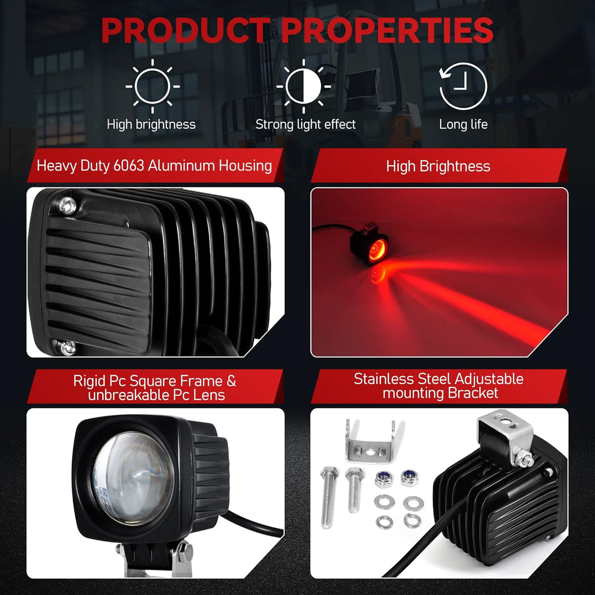 LED Forklift Safety Lights Red DC 12-100V 10W Pack of 2 Y181379