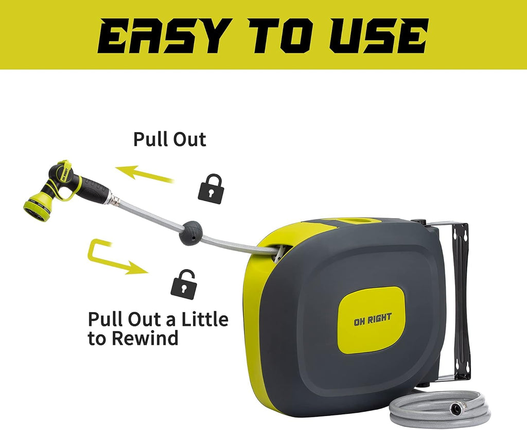 Retractable Garden Hose Reel 1/2" 115'+5' with 180° Swivel Metal Bracket, Wall Mounted Water Hose Reel with 9 Pattern Nozzle I672