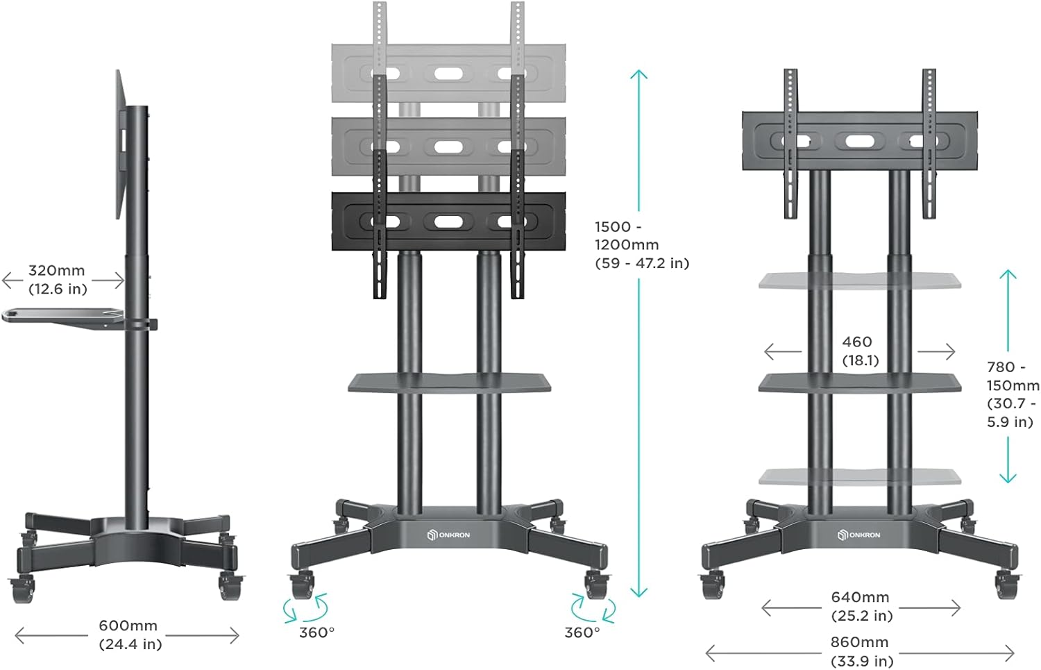 Mobile TV Stand Rolling TV Cart for 40 to 65 Inch LCD LED TV Screens with Wheels Shelves Z621