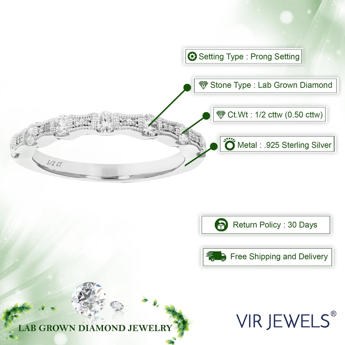 1/2 CTTW Lab Grown Diamond Wedding Band .925 Sterling Silver Prong Size 7 X971