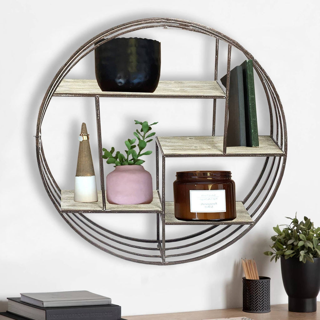 Brown Round Metal Wall Shelf with Wooden Shelves W46115