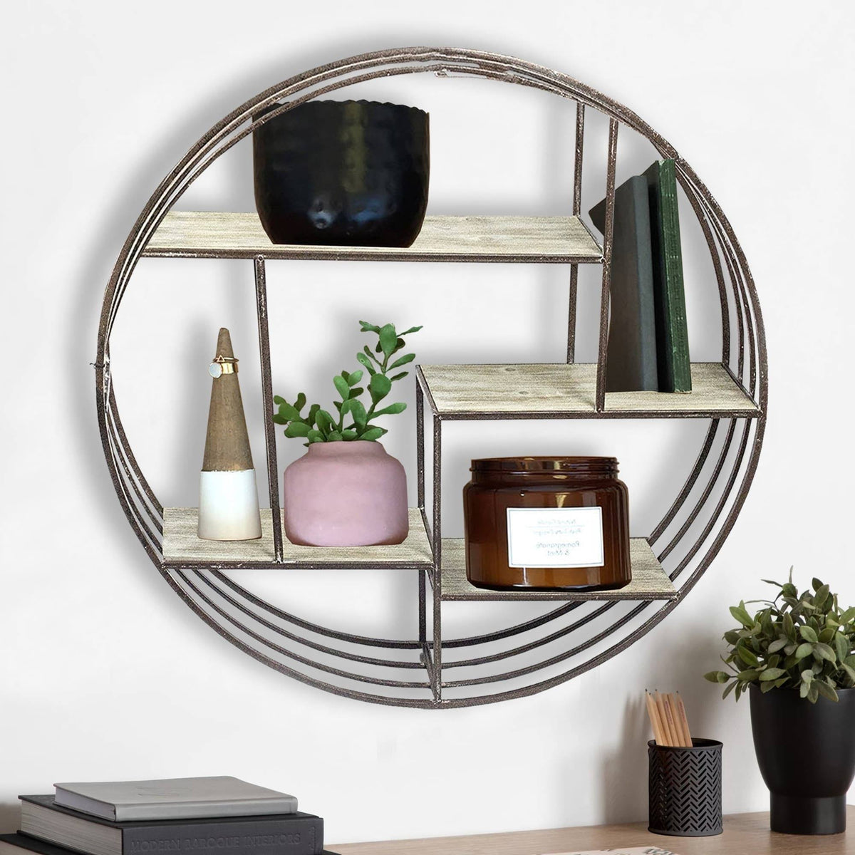 Brown Round Metal Wall Shelf with Wooden Shelves W46115