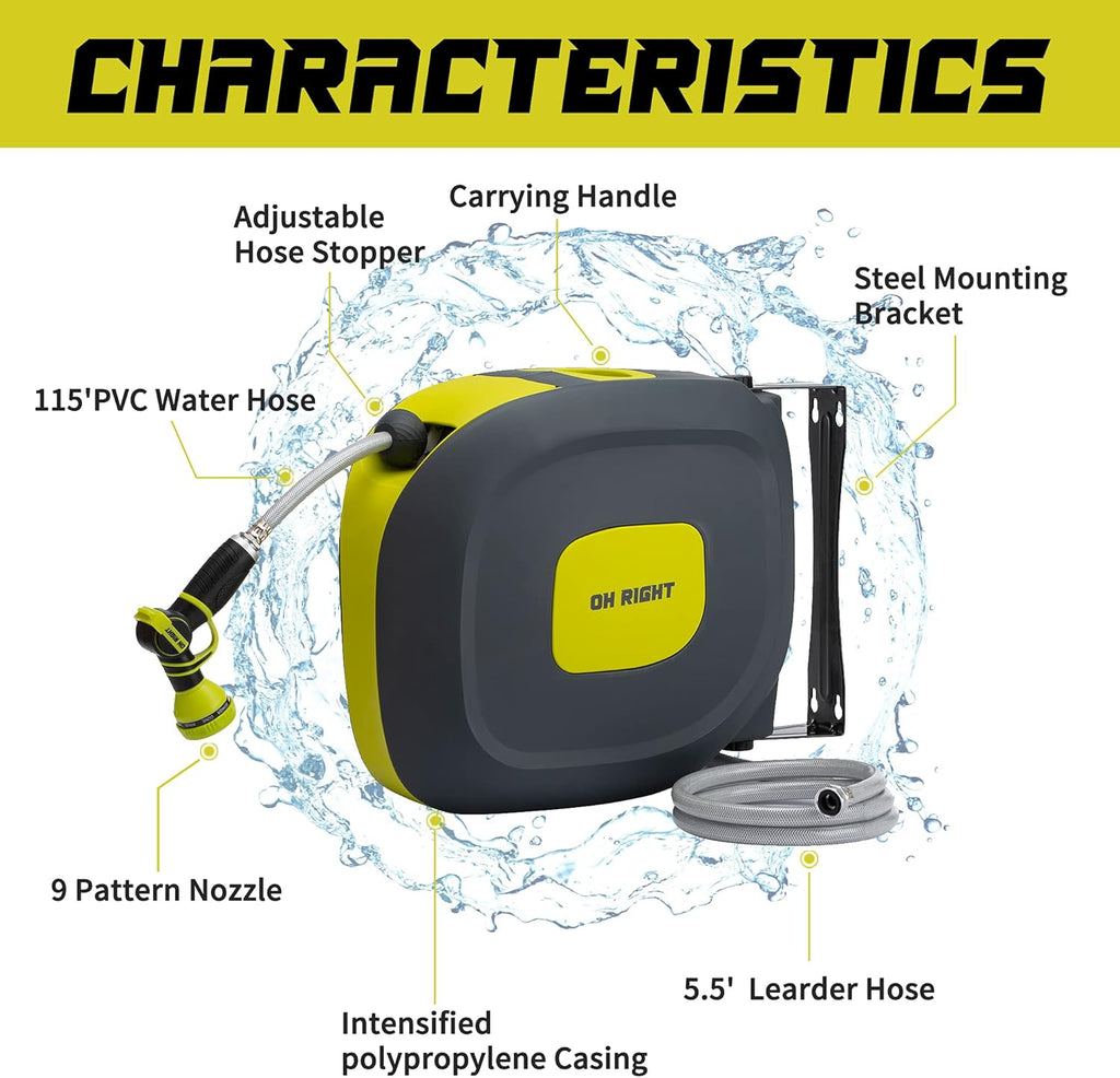 Retractable Garden Hose Reel 1/2" 115'+5' with 180° Swivel Metal Bracket, Wall Mounted Water Hose Reel with 9 Pattern Nozzle I672