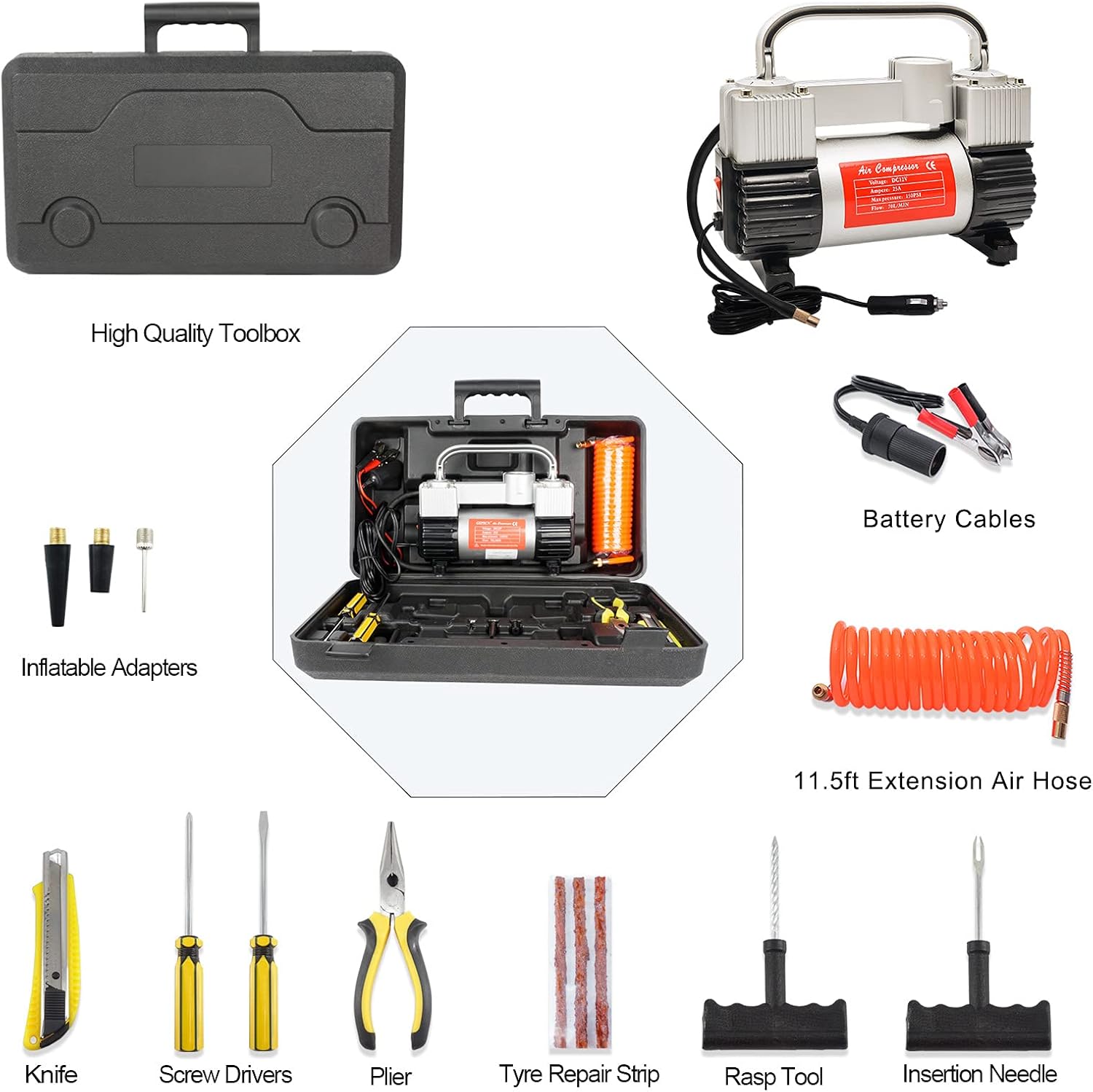 Portable Dual Cylinder 12V DC Air Compressor with 11.5ft Air Hose and Tire Repair Kit, Pack of 2 Q71722